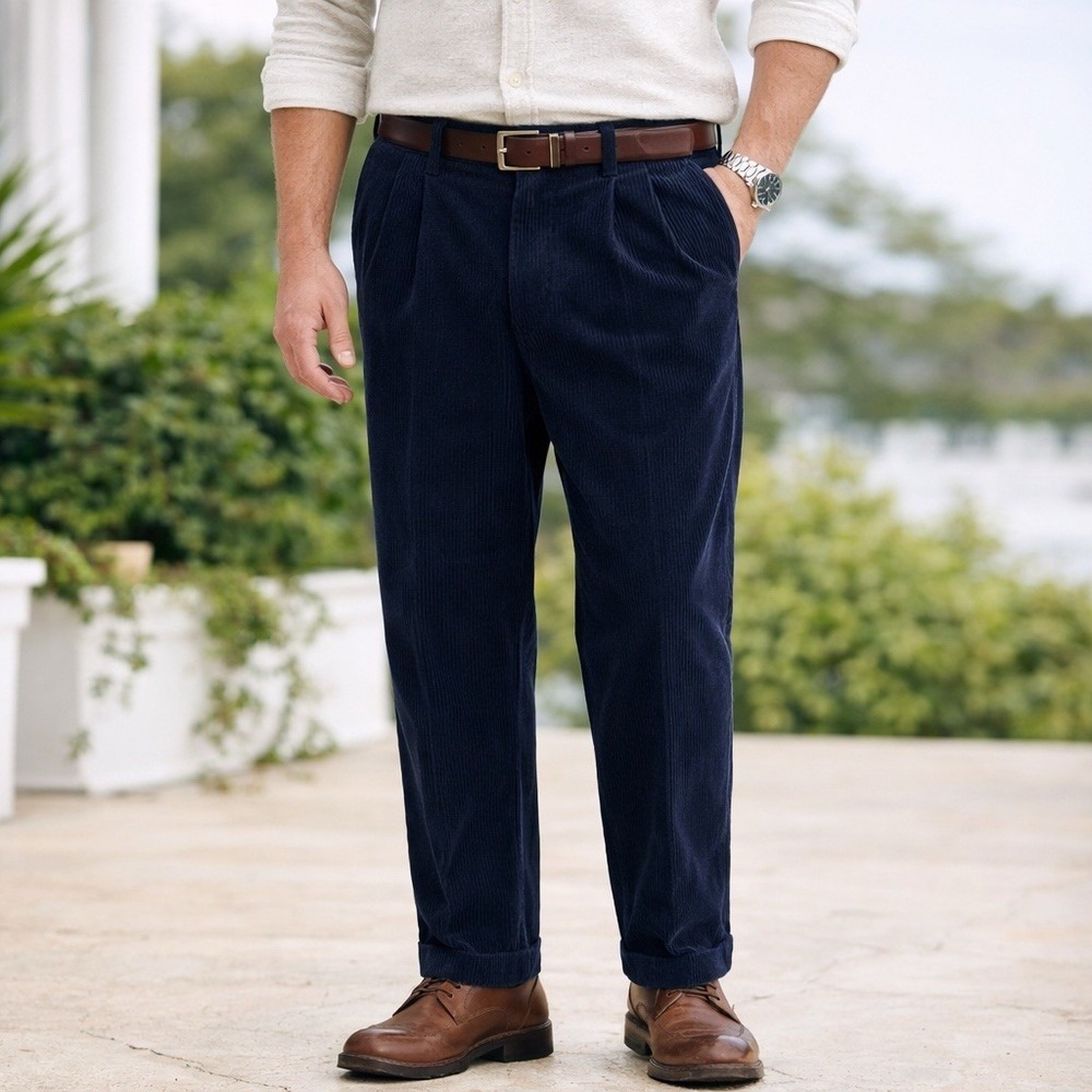 TEHAMA Men's NAVY Corduroy Pants 36x30 Regular Fit‎ Classic Casual Trousers
